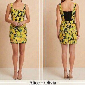 ALICE + OLIVIA Floral Print Yellow Fitted Corsage Mini Dress Size 2